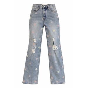 Tinseltown Floral Wide Leg Jeans Distressed Light Wash Y2K Vibe Size 3